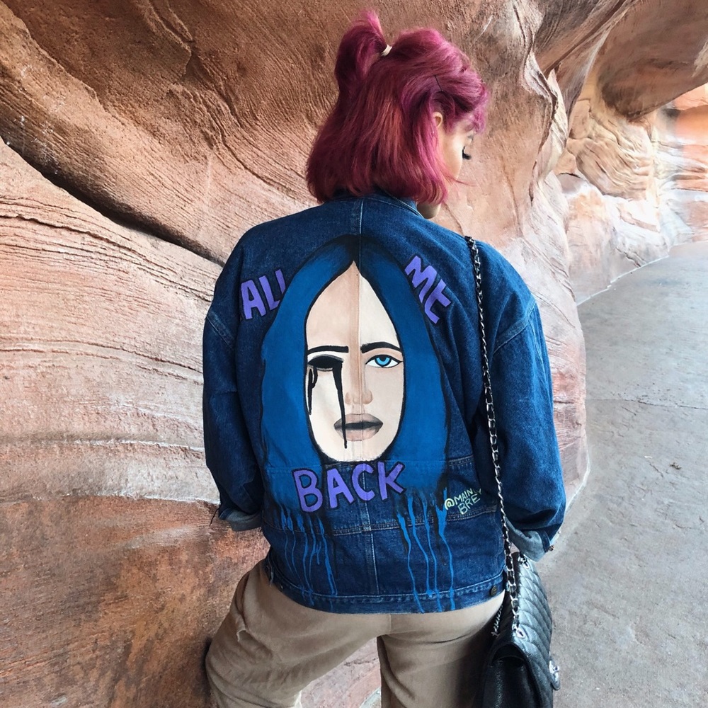 ‘(CALL ME BACK)’ thrifted denim-hand painted